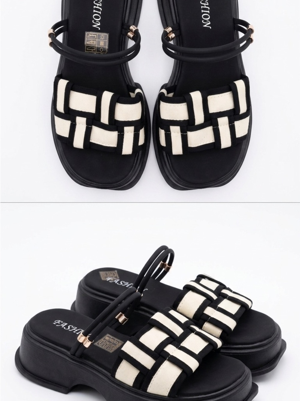 SHEIN Black and Cream Woven Strap Slide Sandals